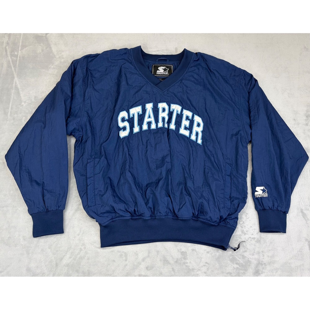Vintage 90s Starter Jacket Pullover Embroidered Nylon Blue Mens Medium Lined